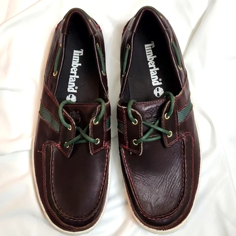Timberland Classic 2 Eyed Brown Green Leather Boat Shoes (M Size 10.5)